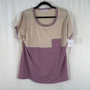 New Jillian N Blouse Womens Large Tan Purple Short Sleeve Round Neck Lightweight
